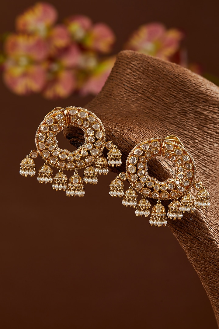 Gold Finish Moissanite Polki & Pearl Stud Earrings In Sterling Silver by STELLA CREATIONS at Pernia's Pop Up Shop